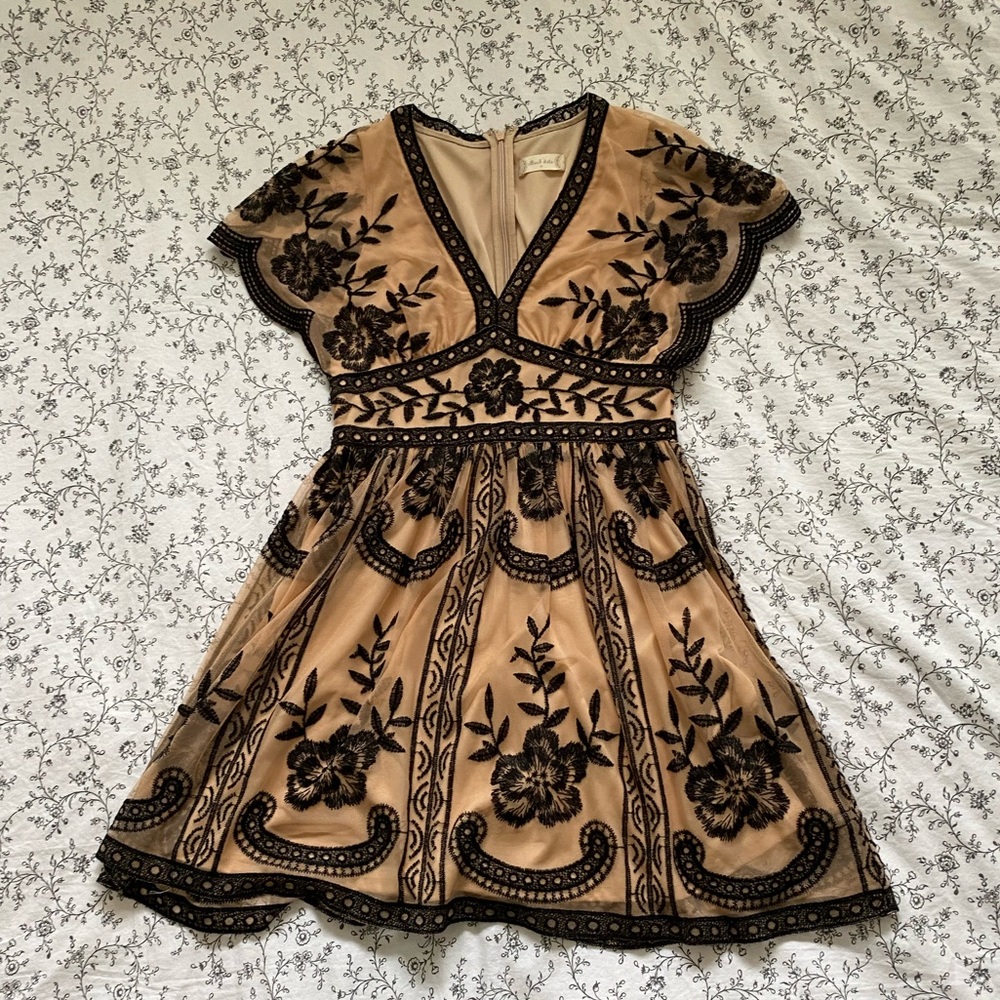 Altar’d State Tan Dress with Black Lace Design (Size M)